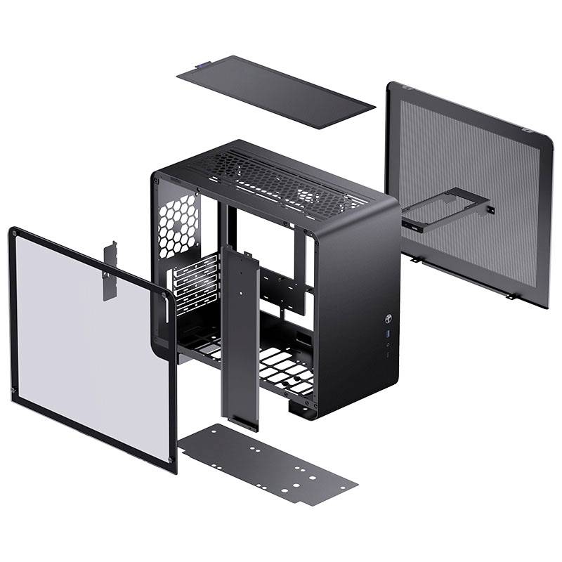 Exploded view of a black computer case with side panels removed. Shows arrangement and positioning of components.