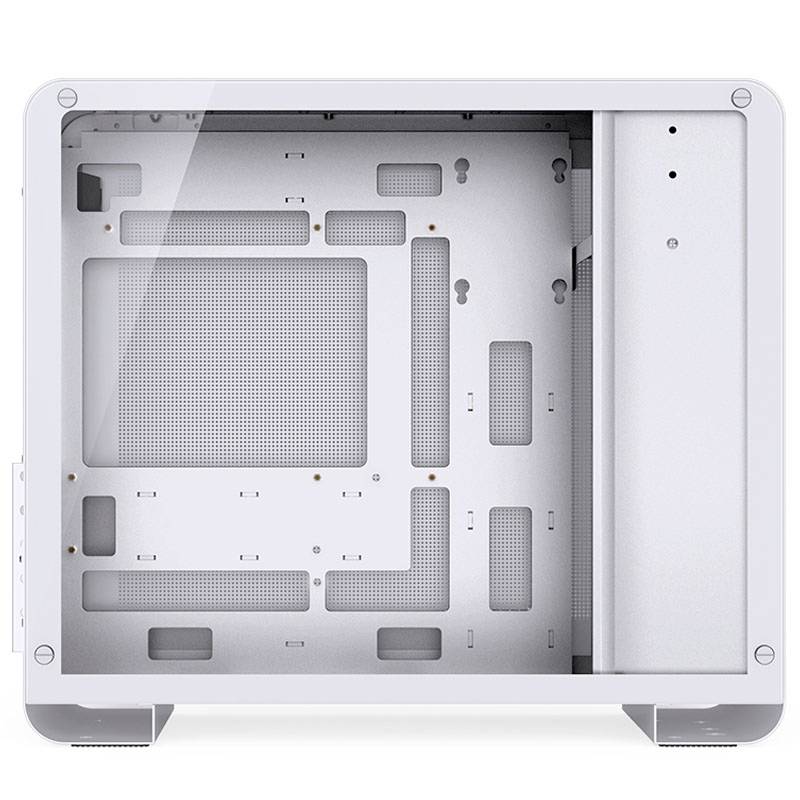 Empty silver computer case, standing upright, showing open interior with slots and mounting points for hardware.