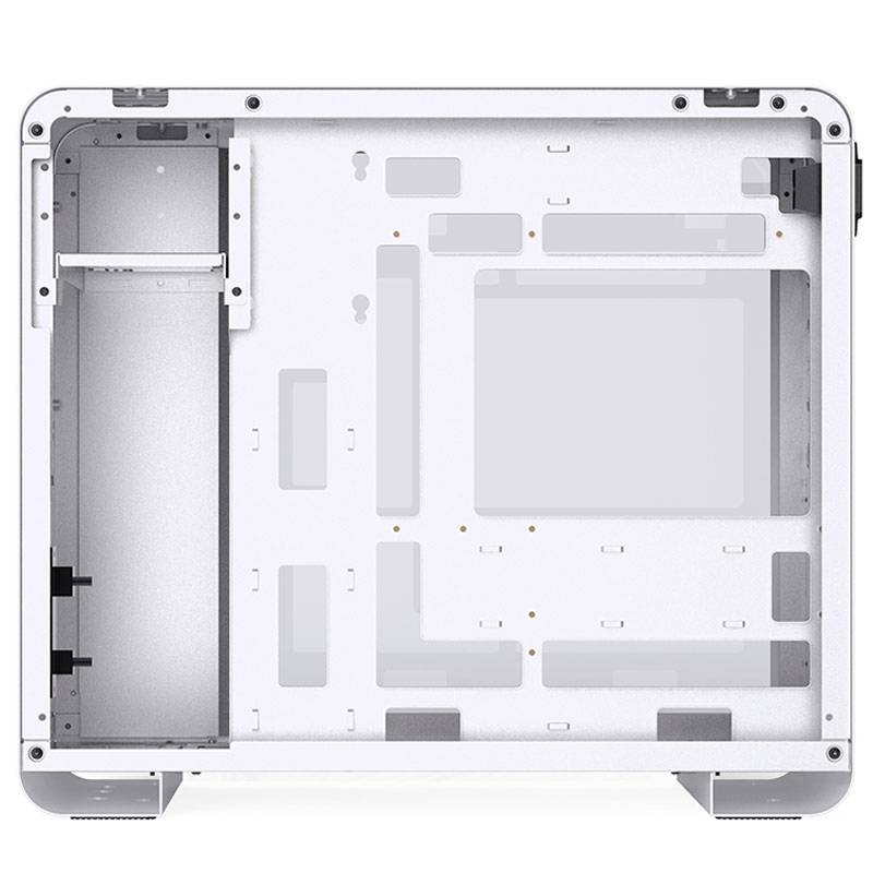 Computer tower with removed side panel reveals internal layout. Space for motherboard, graphics card, and drives visible.