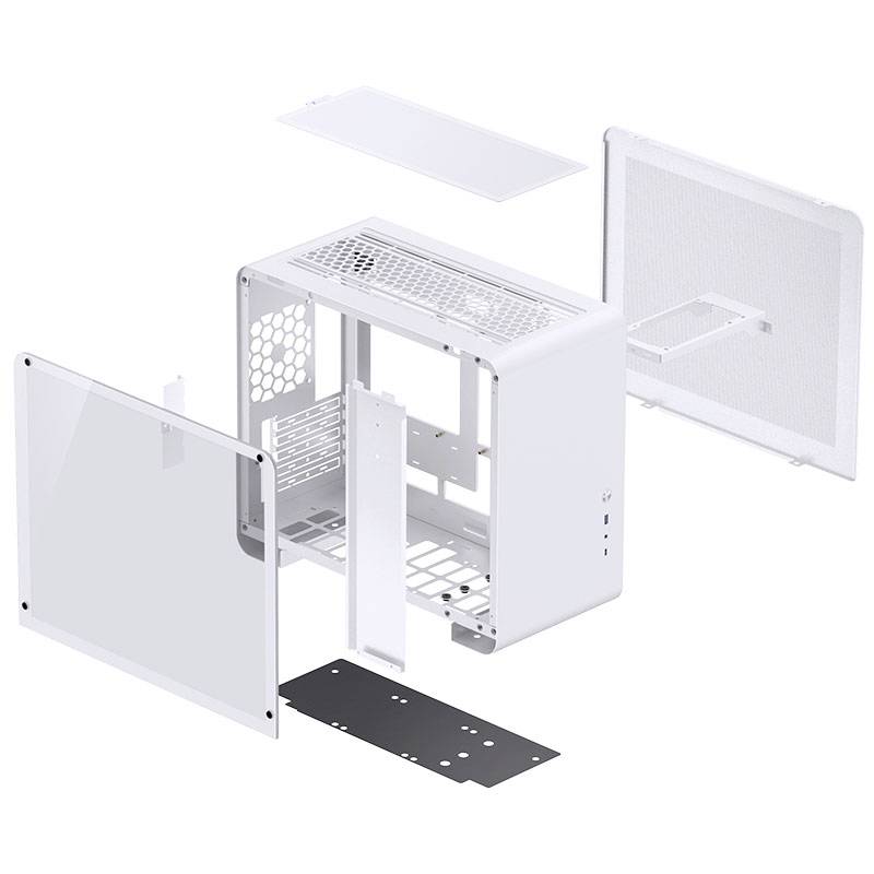 Exploded diagram of a white computer case with removed side panels, top and bottom, revealing the main components.
