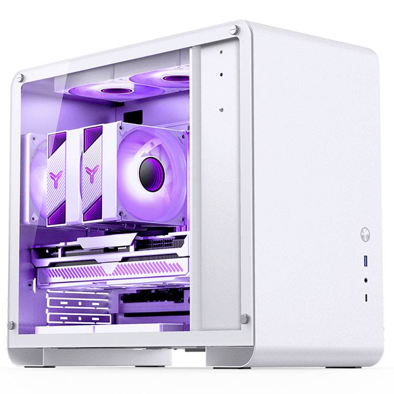 A white PC tower case with a transparent side panel reveals purple-illuminated fans and hardware inside.