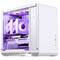 A white PC tower case with a transparent side panel reveals purple-illuminated fans and hardware inside.