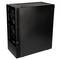 A black PC case with a smooth, minimalist surface. It has ventilation slots on the side and top.
