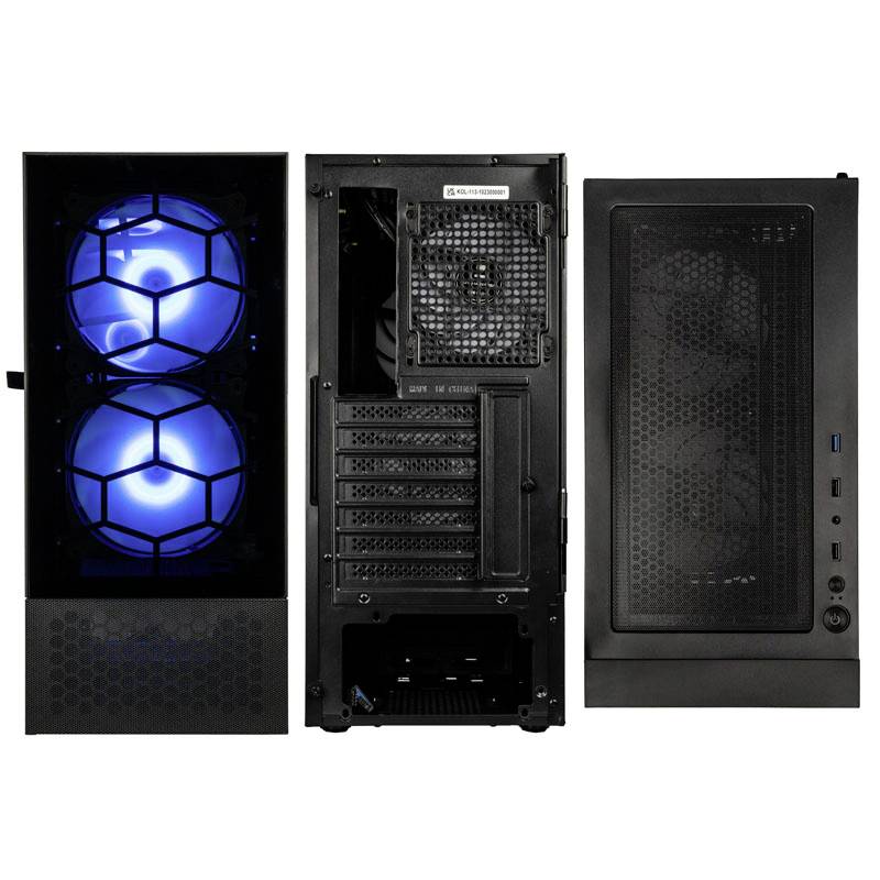 Three views of a computer case: Front with illuminated blue fans, rear with connection options, upper ventilation.