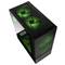Black computer case with green LED lighting, showing exposed fans on the top and side. Modern and technical.