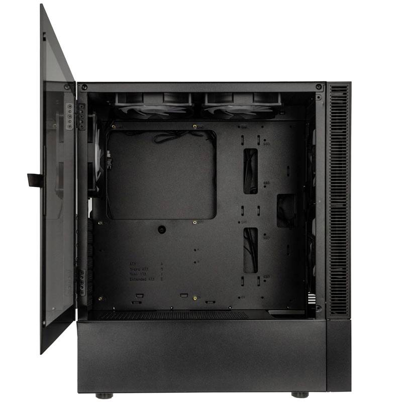 Black, open PC case with a view of the interior. No hardware installed, multiple fans visible at the top.