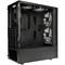 Black PC case with three built-in fans, side view without side panel, shows interior with cable management options.