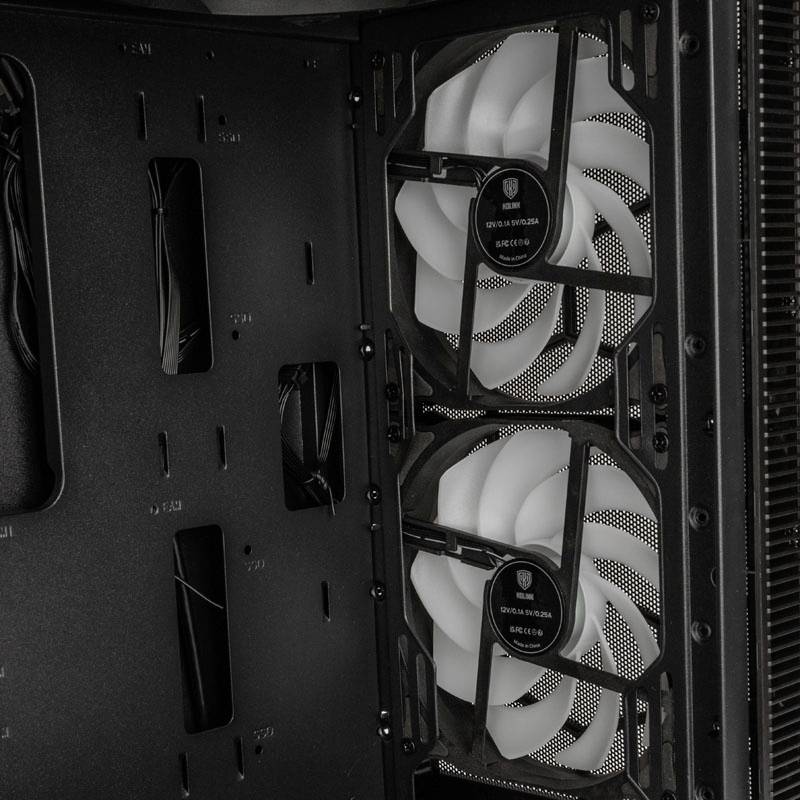 'Open computer case with two fans at the rear. The fans are white and ensure cooling of the internal components.'