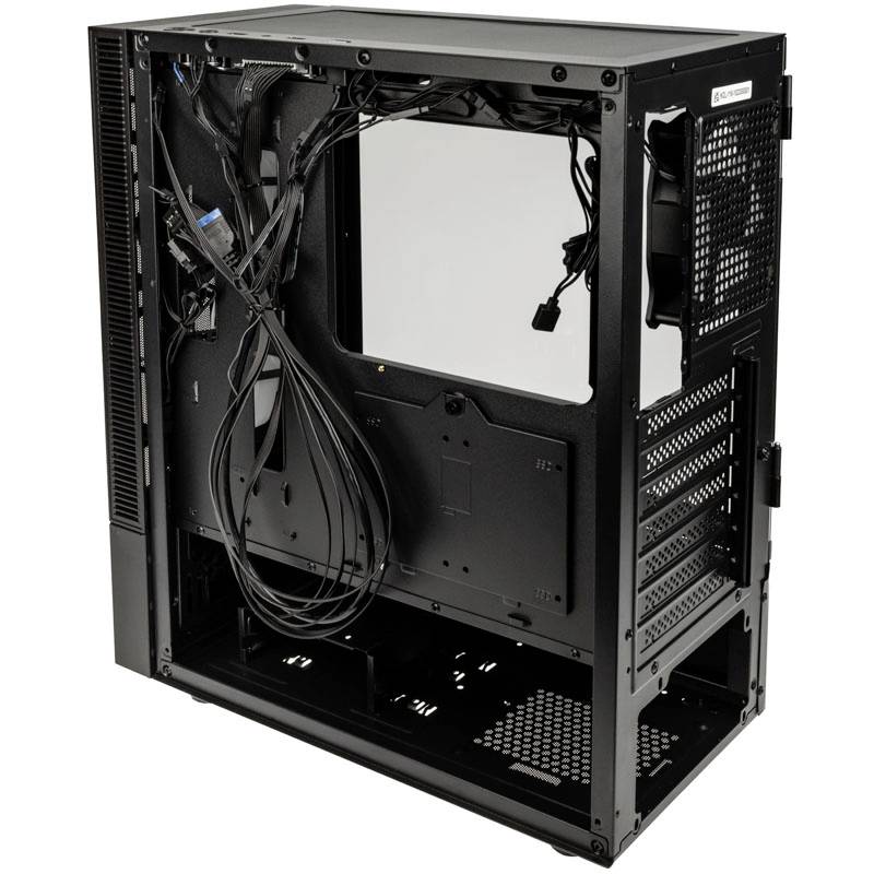 A black, empty computer case with an open side panel reveals the internal structure and wiring possibilities for PC components.