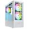 A white PC tower case with a large glass side panel. Three front fans and a rear fan illuminate in rainbow colours.