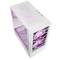 White computer case with purple-illuminated fans at the front and inside, viewed from above.