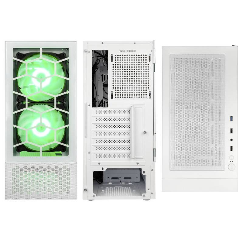 White computer case with green illuminated fans at the front and top, open rear reveals multiple expansion slots.
