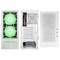 White computer case with green illuminated fans at the front and top, open rear reveals multiple expansion slots.