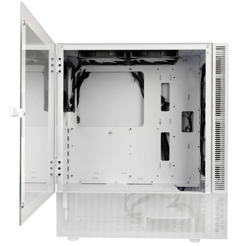 A white computer case with a transparent glass door, shown open. It provides space for computer components and cable management.