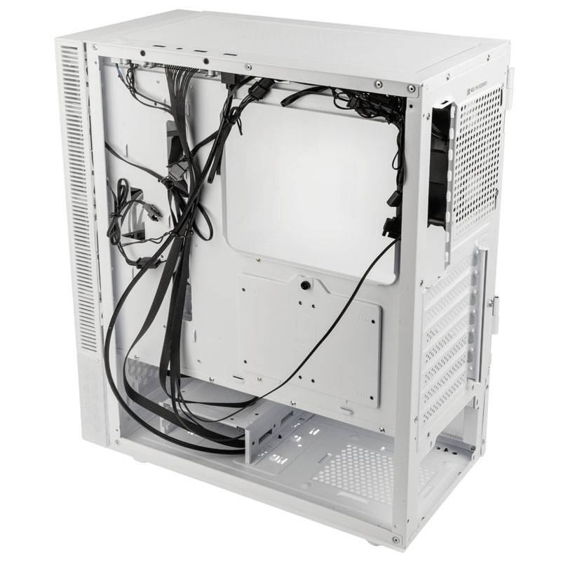 A blank, white computer tower chassis with visible cables and mounting brackets for components.