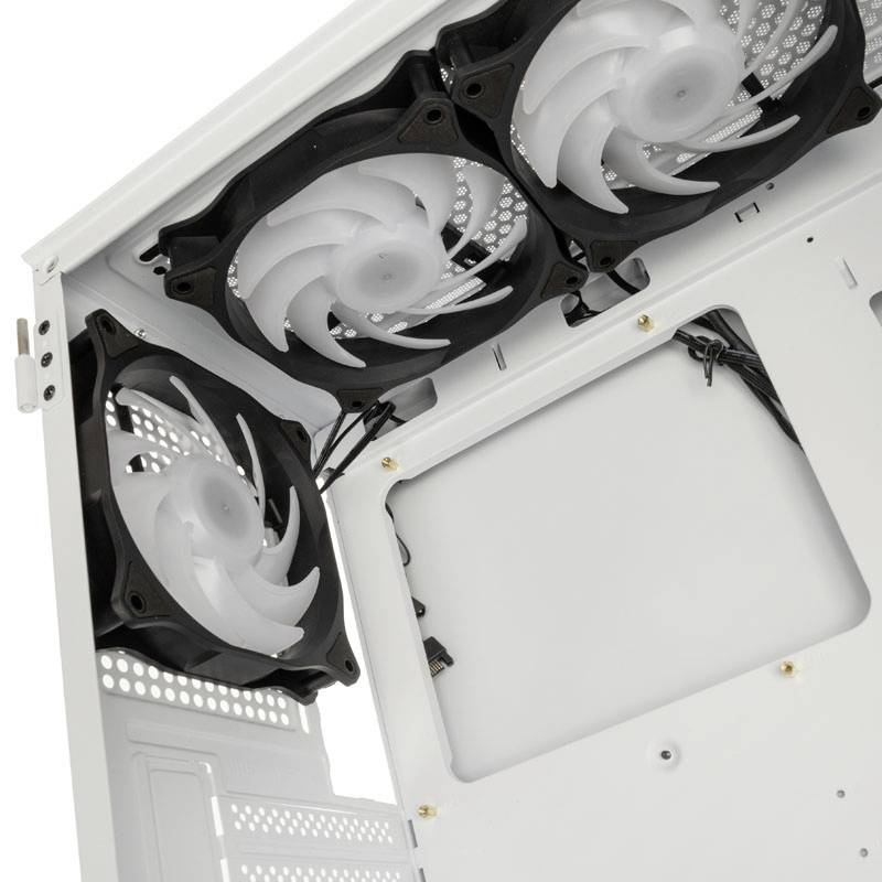 A view of the interior of a computer case with three installed white fans. The case is partially empty.