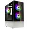 A PC case with three visible fans illuminating in vibrant RGB colours. The case has a sleek, black surface.