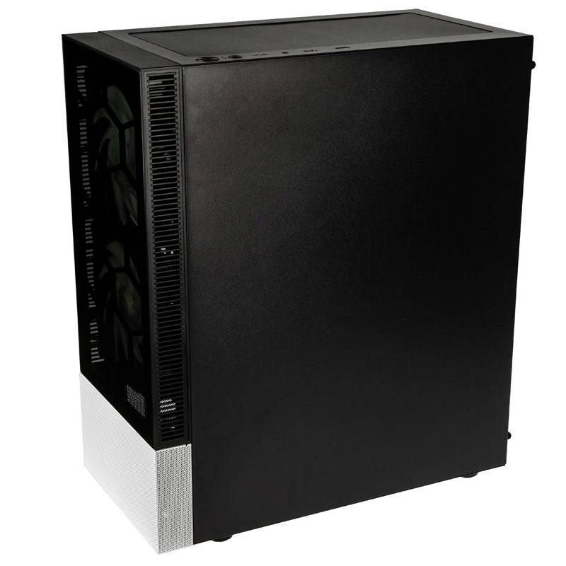 Black computer case with a transparent glass side panel. Minimalist design with ventilation slots at the front.