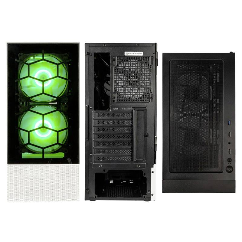 Computer case with green illuminated fans, rear view showing connections and ventilation grilles, top panel with USB and audio ports.