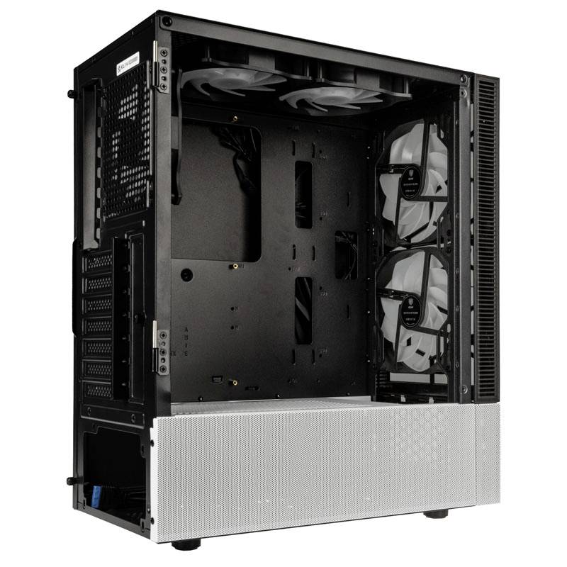 A black computer case without components, with four built-in fans visible. The front features a silver mesh design.