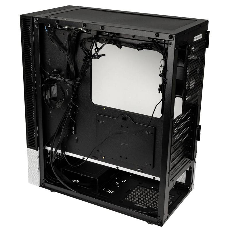 A blank black computer case with an open side panel, revealing internal cables, fans, and drive bays, ready for hardware installation.