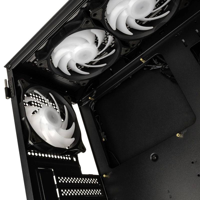 A computer case with an open side panel reveals three white fans installed on the top and rear for cooling.