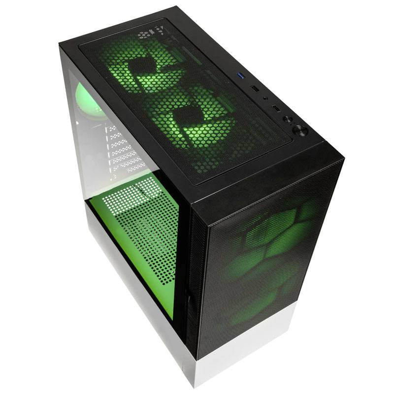 Black computer case with green illuminated fans, transparent side window, and fan control at the top.