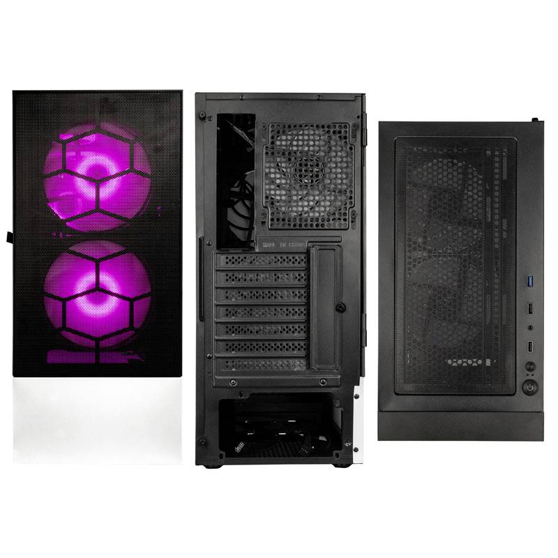 Black PC case with two large fans at the front, illuminated in purple. Rear view shows multiple expansion slots and connectors.