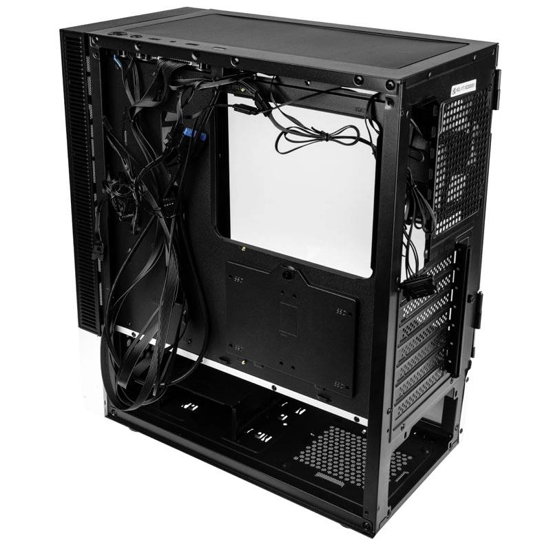 A black computer case opened from the side, revealing cable management and space for internal components such as motherboard and graphics cards.