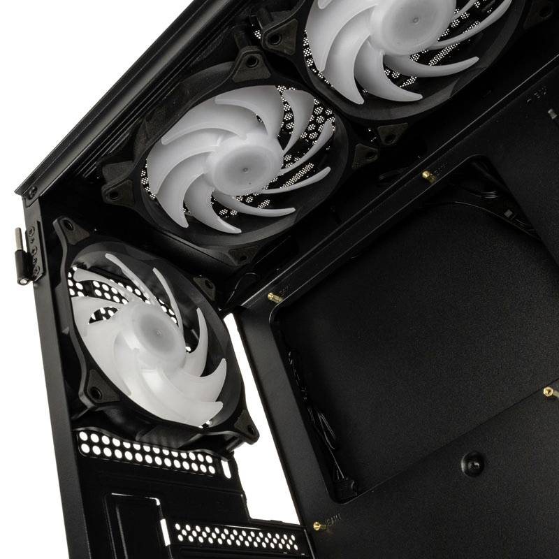 PC case with three large fans at the top for cooling. Fans are finished in black and white.