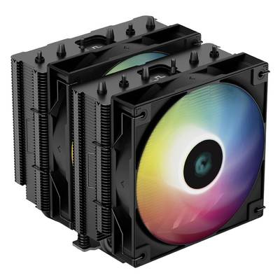 A black dual-tower CPU cooler with two fans, one of which illuminates in rainbow colours. Ideal for PC cooling.