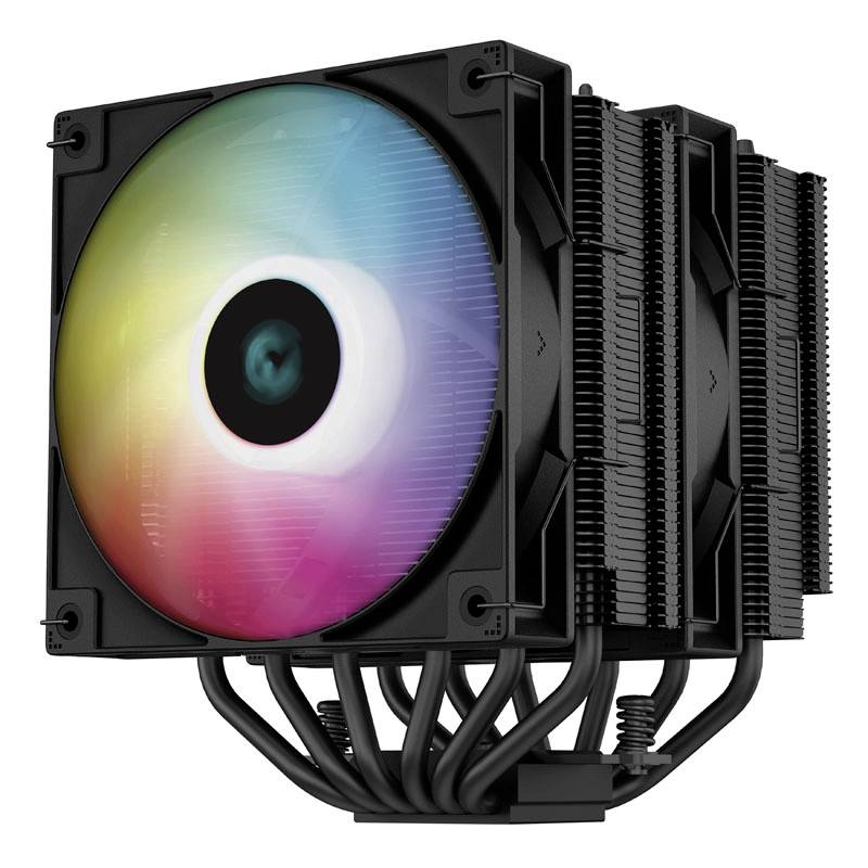 A high-performance CPU cooler with a large, illuminated fan and multiple heat fins for improved heat dissipation.