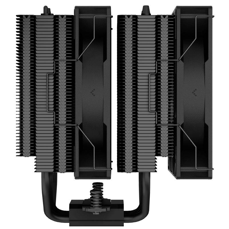 Black dual-tower CPU cooler with two fan units and heat fins. It serves to dissipate heat in computers.