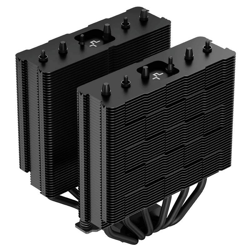 A CPU cooler with two large black heatsink blocks and multiple heat pipes. Suitable for cooling computer processors.