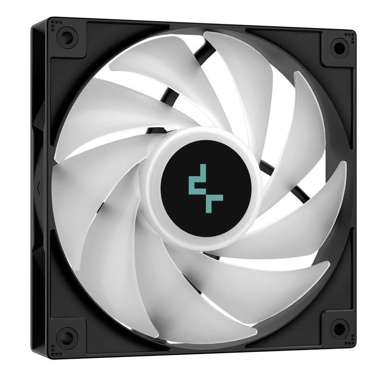 A white computer fan with black frames and three screws in each corner. A blue logo is displayed in the centre.