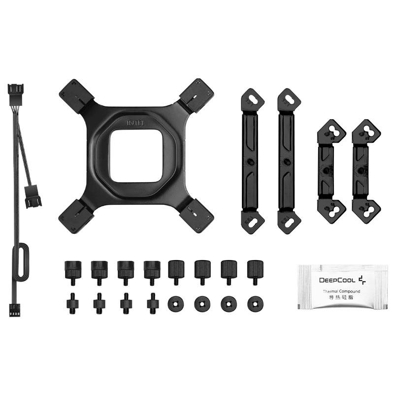 Mounting kit for CPU cooler, comprising mounting bracket, screws, clips and thermal paste.