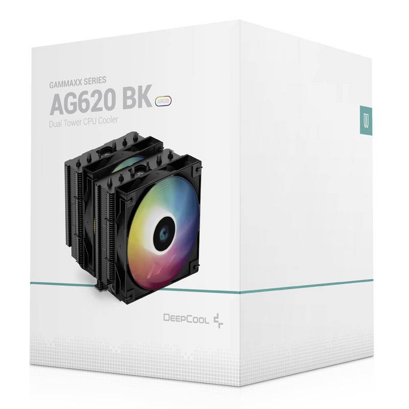 'DeepCool GAMMAXX AG620 BK', a dual-tower CPU cooler with LED lighting. Packaged in white with product image and specifications.