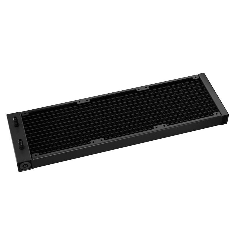 Black, rectangular computer water cooling radiator with a fine mesh pattern, designed for heat dissipation from electronic devices.