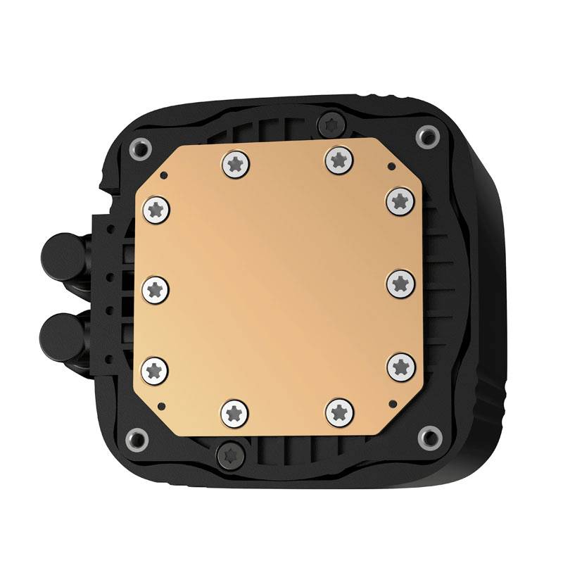 A square heat sink with a metallic surface and mounting screws, suitable for cooling electronic devices.