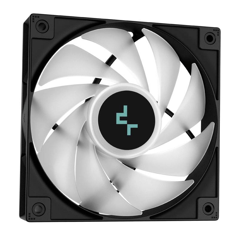 A square computer fan with a black frame and white, curved rotor blades. A logo is depicted in the centre.