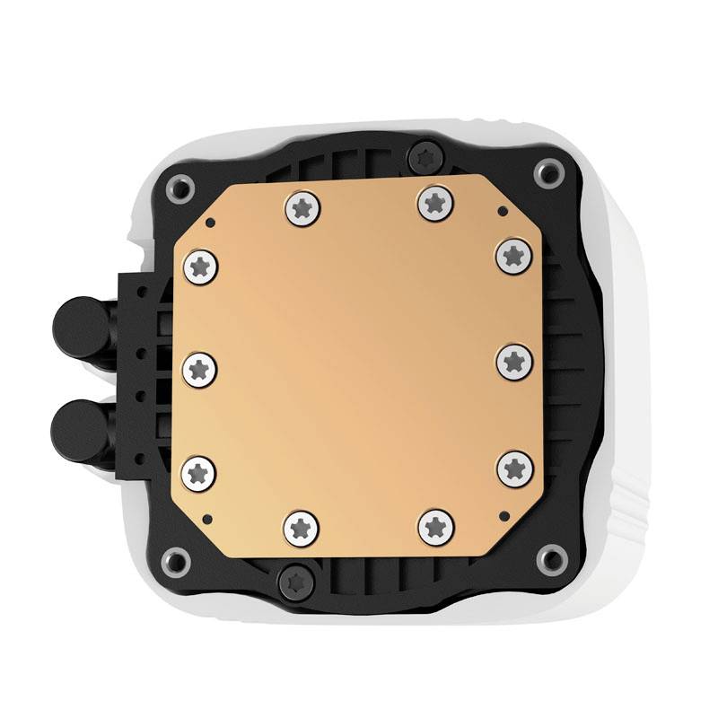 Underside of cooler with copper contact surface and multiple screws. Two black tubes run on the left, surrounded by a white casing.