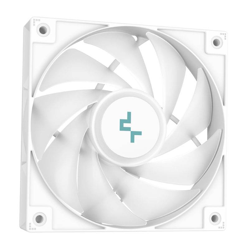 A white computer fan with a logo in the centre, consisting of two stylised letters, is positioned against a white background.