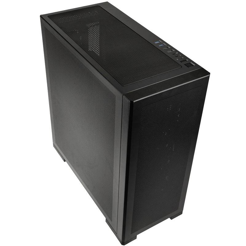 Black computer case with mesh surface, rectangular, standing vertically. Connections and ventilation slots are located on the top.
