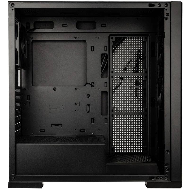 Empty PC case, black, with an open side panel. The main chamber for components and mounting locations for fans are visible.