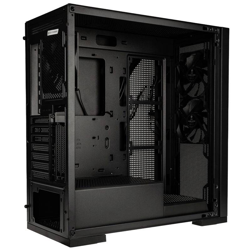 Black computer case with an open interior, space for components and fans visible on the back and right side.