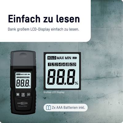 A digital measuring device with a large LCD display, clearly showing 'HOLD MAX MIN' and a numerical readout. Includes 2x AAA batteries.