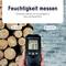 'Measuring Moisture' shows a moisture meter with a digital display. On the left, wood with moisture levels 0-41%, on the right building materials 0-12.2%.