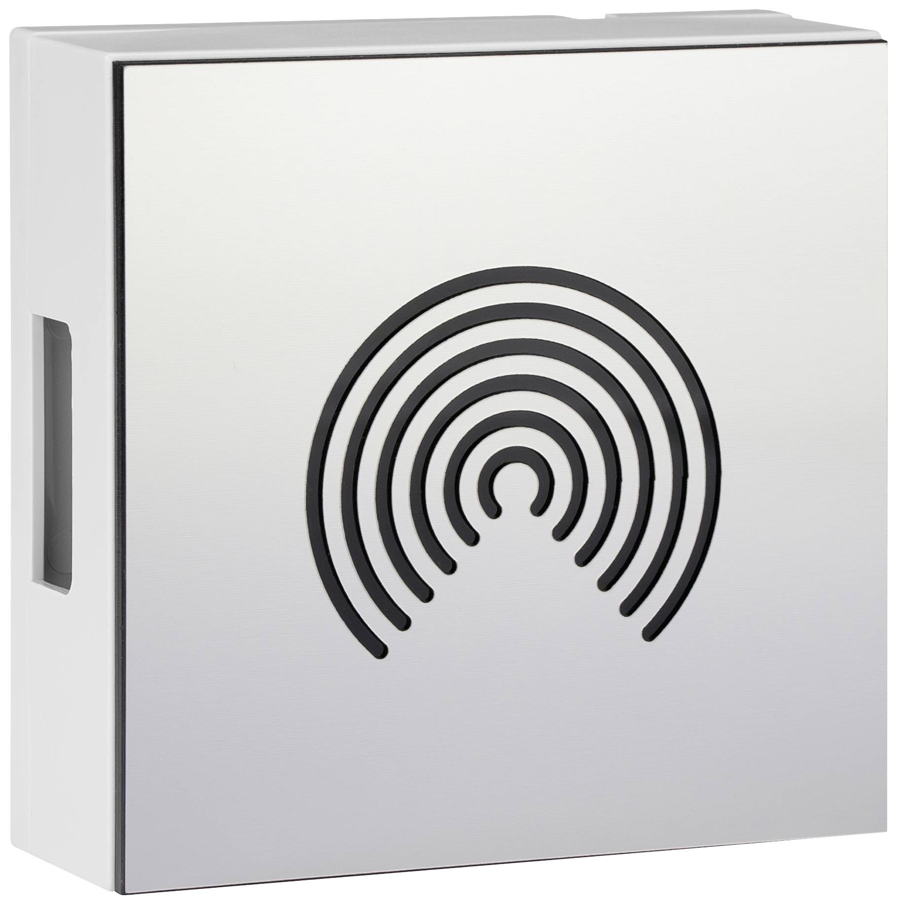 A square, silver wall dispenser with a circular, black pattern on the front.