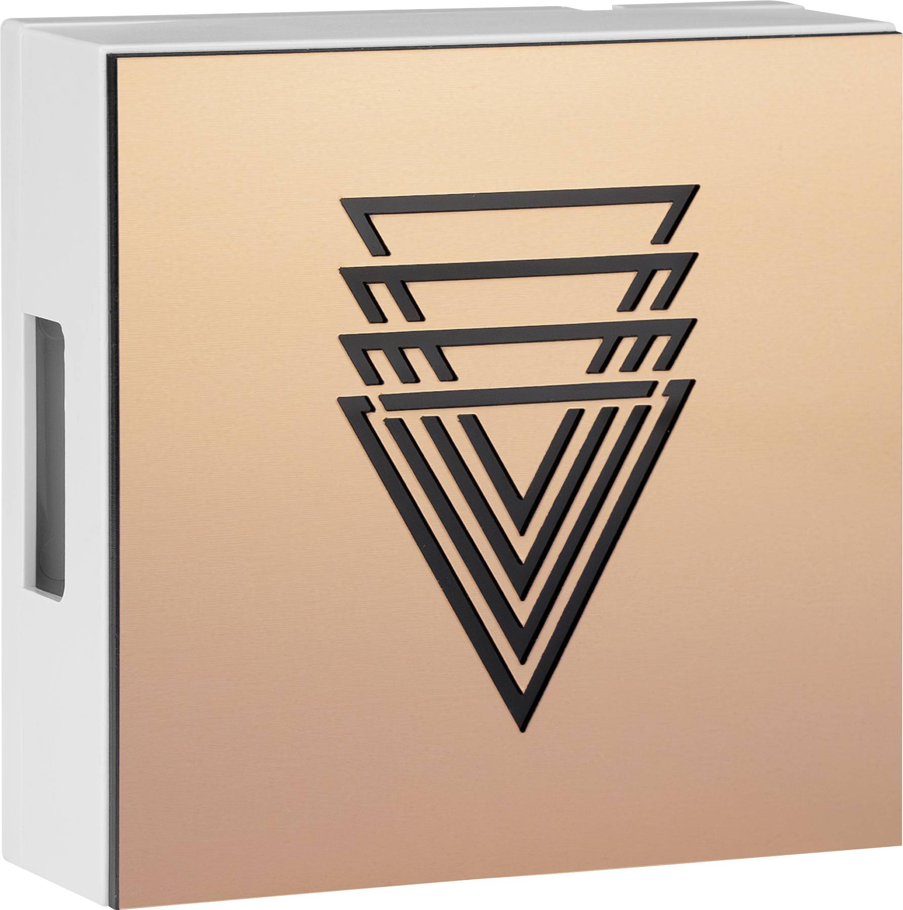 A box with a geometric design featuring overlapping, graduated triangles on a copper-coloured surface.