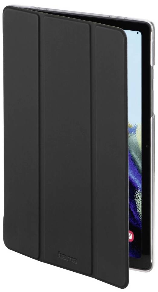 Tablet protective case, open, with a black cover partially obscuring the screen. Brand name 'hama' on the left. Screen is light blue.